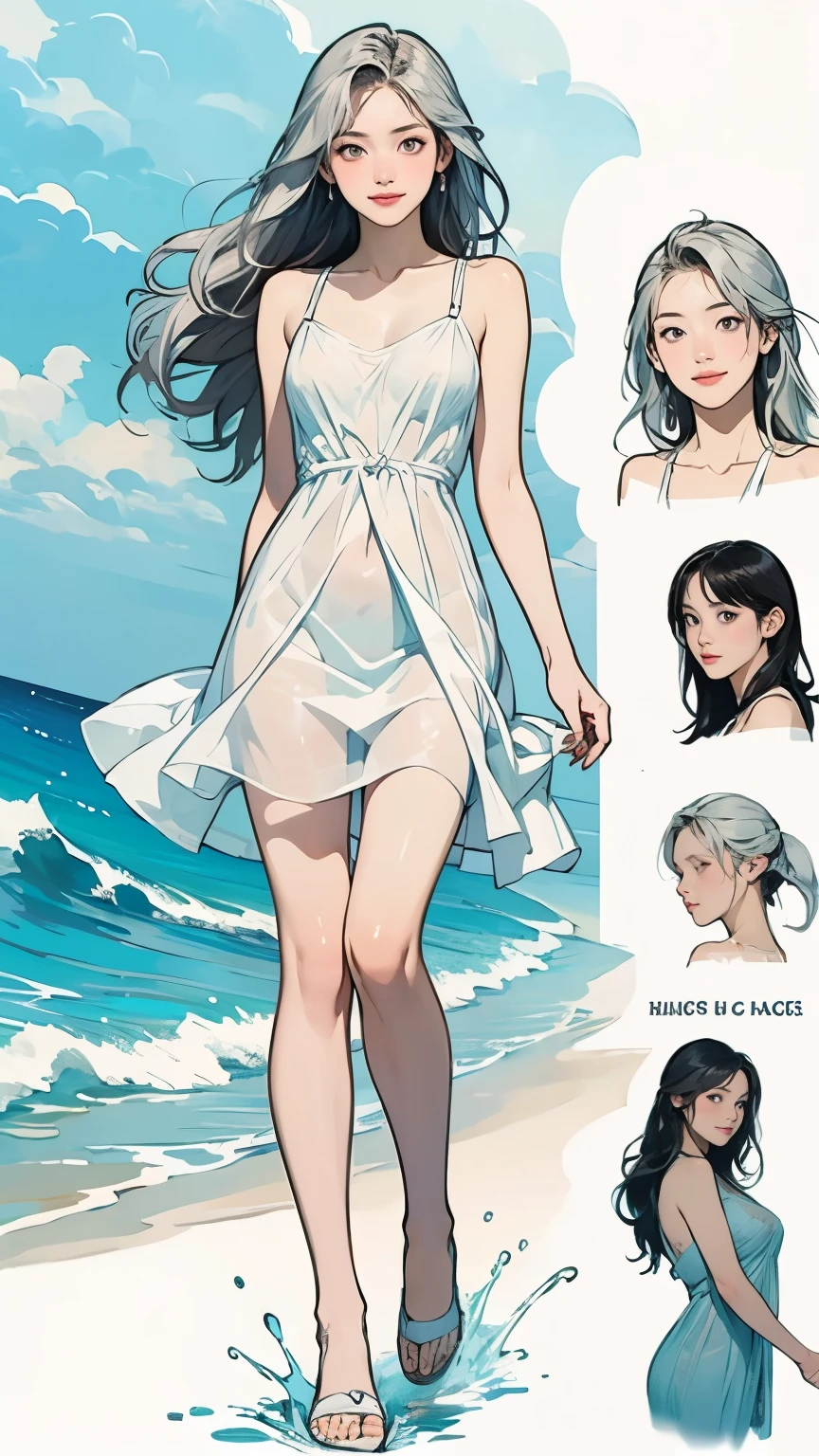 ((masterpiece)),(((Highest quality))),((Character design sheet)),Thin thighs,Long legs,((woman, alone, Long Hair)),Innocent look, Bare arms, Expose your shoulders, Bear neck, watercolor, water, Wave, water dress,  Ocean, See-through dress, Silver Hair，Wearing a white bra