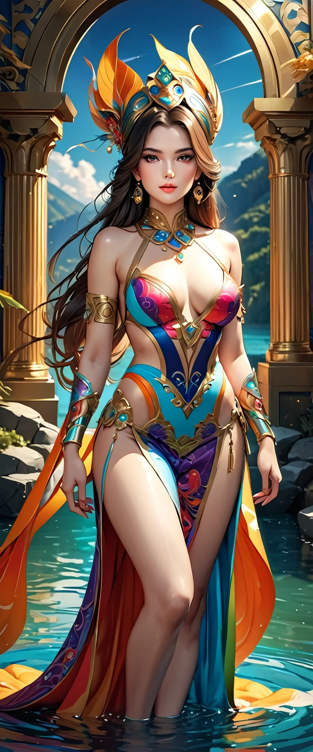 (masterpiece:1.2,Highest quality,Ultra-high resolution,Super detailed),(Best illustrations),8k,wallpaper,(Written boundary depth),(Sophisticated lighting:1.2),BREAK(1 female),(turkish woman:1.6),(Wearing a scarf on her head:1.6),(front:1.6),(The background is a colorful and beautiful arabesque pattern.) , (( full body)), (( full-length)).close up of a woman in a bodysuit standing in a river, a beautiful fantasy empress, beautiful alluring anime woman, extremely detailed artgerm, 8k stunning artwork, ((a beautiful fantasy empress)), wlop rossdraws, wlop and rossdraws, 2. 5 d cgi anime fantasy artwork, upscale 8x, high resolution 4k, full body, full-length,derss colerful, background surrealism, super high quality,Very beautiful bodywear, masterpiece, unique, ancient, mythical background, woman realistic.best quality,ultra-detailed,photo-realistic:1.37),bright and vibrant colors,studio lighting,playful expression,stylish makeup, denim short,hair flowing in the wind,alluring eyes,glossy lips,sexy pose, smiling in a confident and seductive way,posing for a professional photoshoot,shallow depth of field,highlighting the main subject,soft natural lighting,creating a dreamy and magical atmosphere.