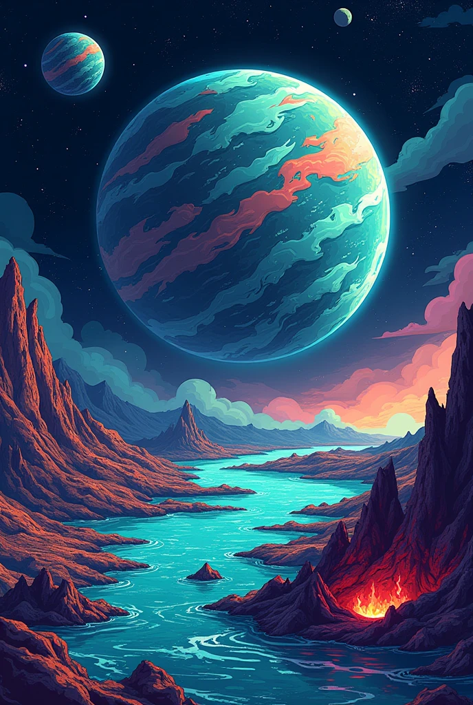 
"Create an image of of a new planet looks outside in the atmosphere . The planet features vast oceans cover much of the surface with volcanic eruptions" 

the view of the planet must be in the outside of the atmosphere and make it drawable like a cartoon
