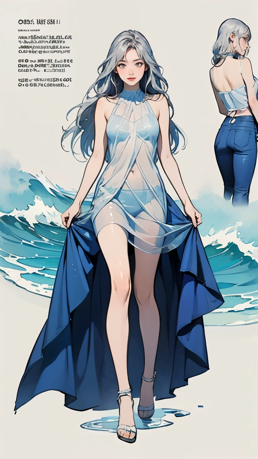 ((masterpiece)),(((Highest quality))),((Character design sheet)),Thin thighs,Long legs,((woman, alone, Long Hair)),Innocent look, Bare arms, Expose your shoulders, Bear neck, watercolor, water, Wave, water dress,  Ocean, See-through dress, Silver Hair，Wearing a white bra