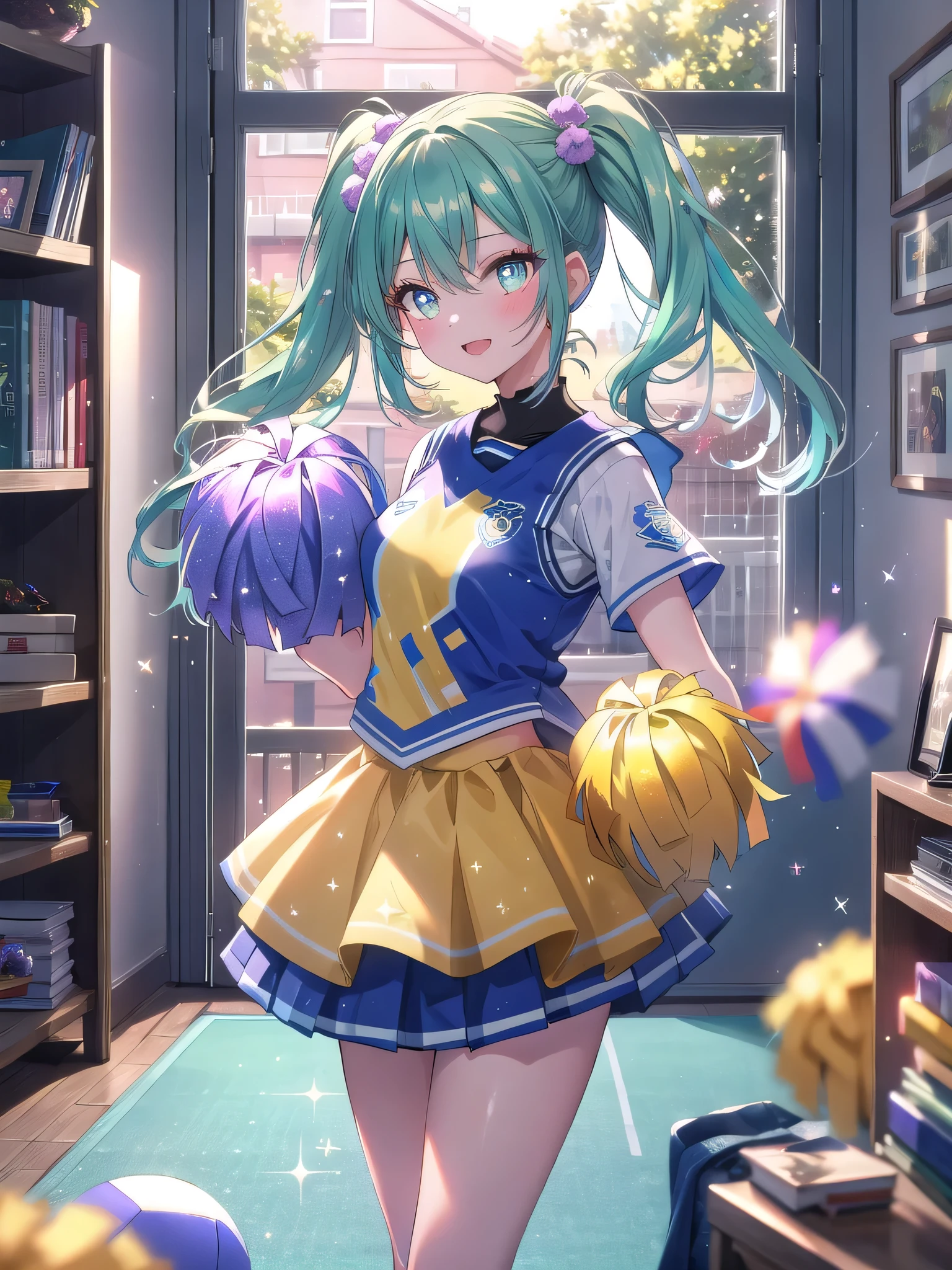 ((8k, Highest quality, masterpiece: 1.3)),Ultra-high resolution,(1 girl, alone), (Color changing eyes, Ultra-detailed, Expressive brilliance, Glitter, Glowing Eyes), Highly detailed eyes, Highly detailed face, Random Hair, ((pastel colour)),A cheerful young woman with pastel green hair styled into pigtails, standing in front of her full-length mirror in her room. The morning light fills the room, creating a fresh and lively atmosphere. She is dressed in a cheerleader cosplay, wearing a blue and white uniform with matching pom-poms. The camera captures her from a mid-angle as she practices her cheer routine, her expression full of energy and enthusiasm. Her room is decorated with sports posters, a small collection of trophies on a shelf, and a yoga mat rolled out in the corner, reflecting her active lifestyle.


