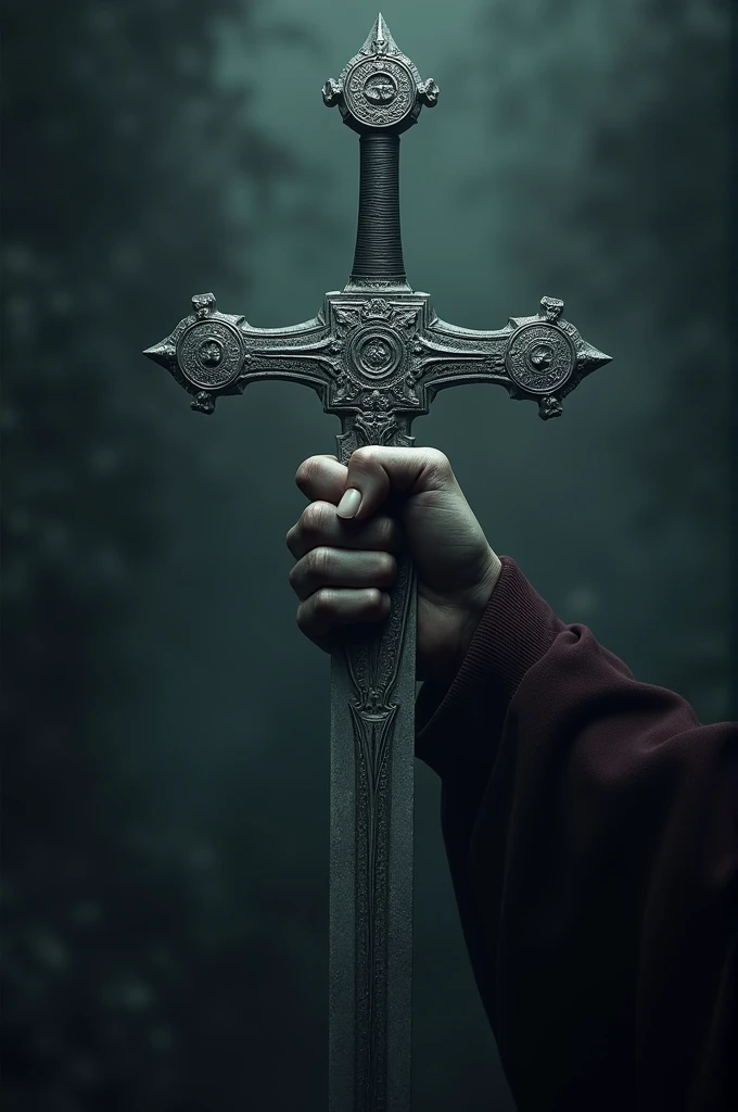 a cross-shaped sword with his hand holding it in a crossed pose, wielding