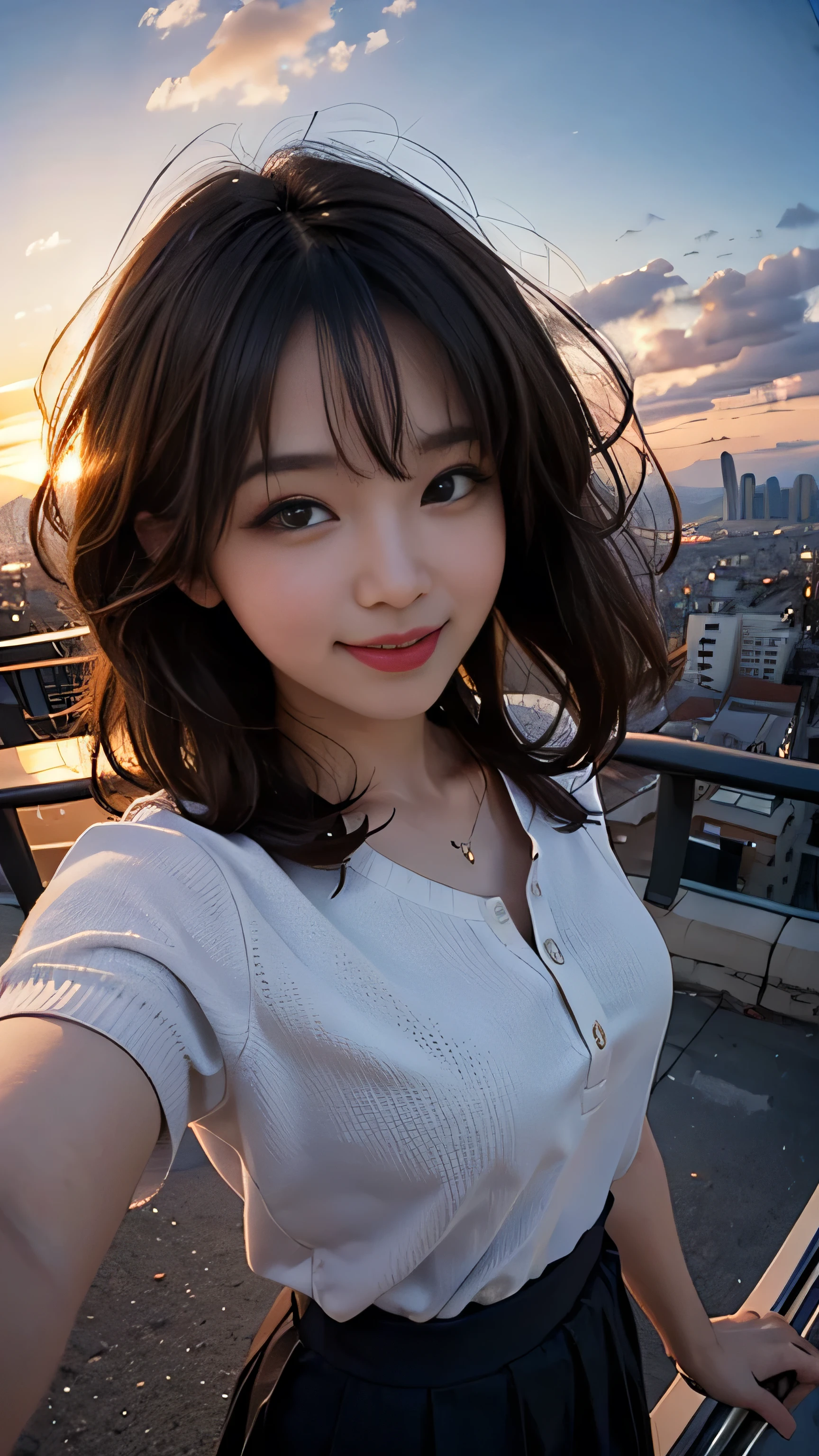One girl, Korean, Fisheye Lens, Selfie, Wind, Messy Hair, sunset, Cityscape, (Aesthetics and atmosphere:1.2),smile