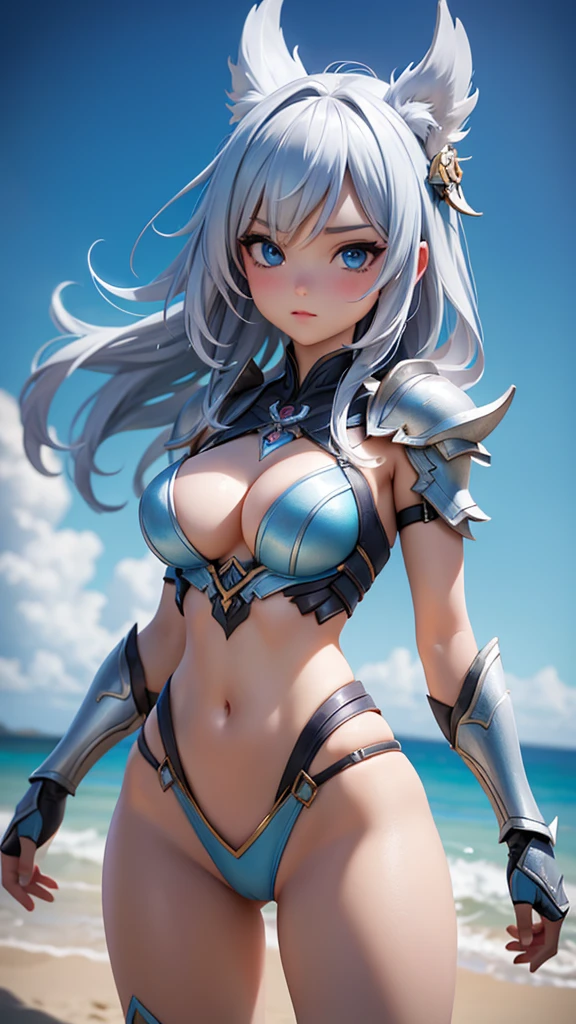 1_girl, solo, upper body portrait of a woman in a silver and blue bikini, chengwei pan on artstation, by Yang J, detailed fantasy art, stunning character art, fanart best artstation, epic exquisite character art, beautiful armor, extremely detailed artgerm, detailed digital anime art, artgerm on artstation pixiv, armor silver bikini girl,    arms behind back, leaning forward 