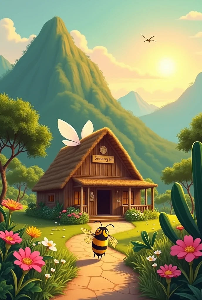 
Create an ultra realistic image of an Africanized bee  , with a cowboy hat, inn in a honeycomb. The bee should have a friendly smile and folded wings, transmitting tranquility. Ao fundo, a lush and green mountain range, with the sun rising, pink flowers, roxas, white and yellow , carnaúba tree and a cactus which are typical plants of the sertão complementing the landscape . Colors should be soft and harmonious, creating a cozy atmosphere. The words &#39;The honey of the backlands in every drop&#39; ( In Portuguese Brazil)&#39; must have a handwritten font, giving a personal touch to the logo."