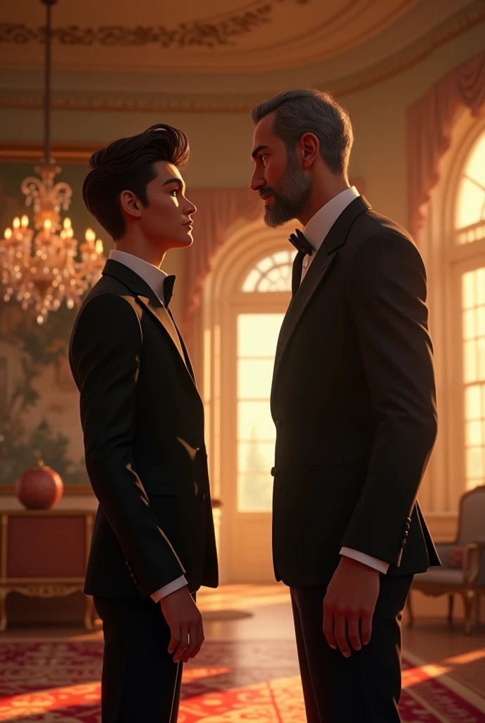 A handsome guy yelling at his rich father at fancy house , pixar style, 3d , high-aesthetic, cinematic, masterpiece