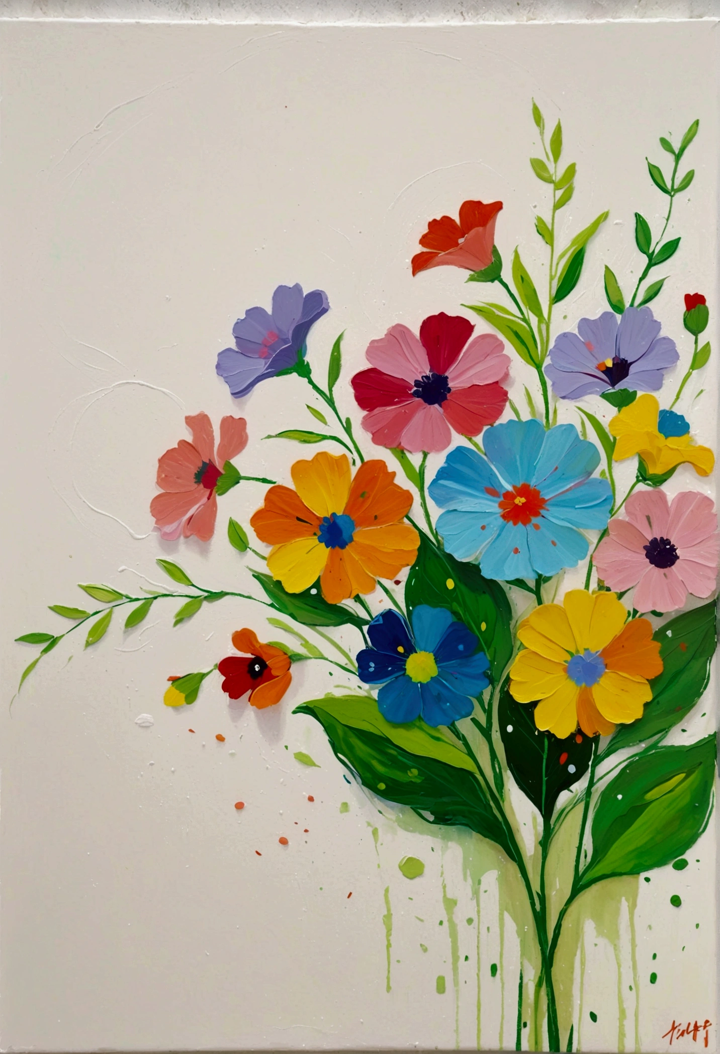 Fluid smudge painting,Dot,Colorful flowers,Minimalism,Inspired by the coronavirus。Corner Composition