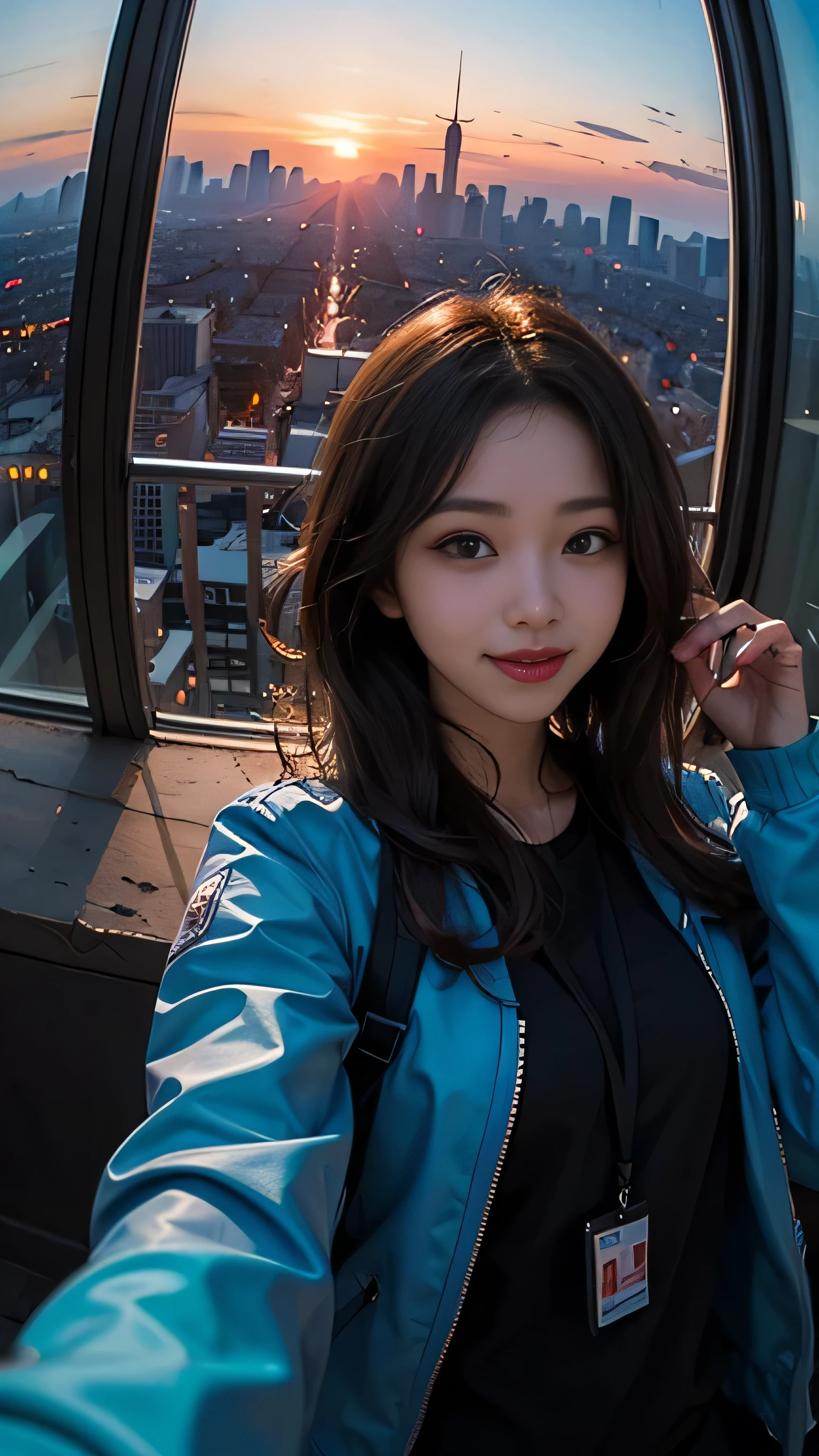 One girl, Korean, Fisheye Lens, Selfie, Wind, Messy Hair, sunset, Cityscape, (Aesthetics and atmosphere:1.2),smile