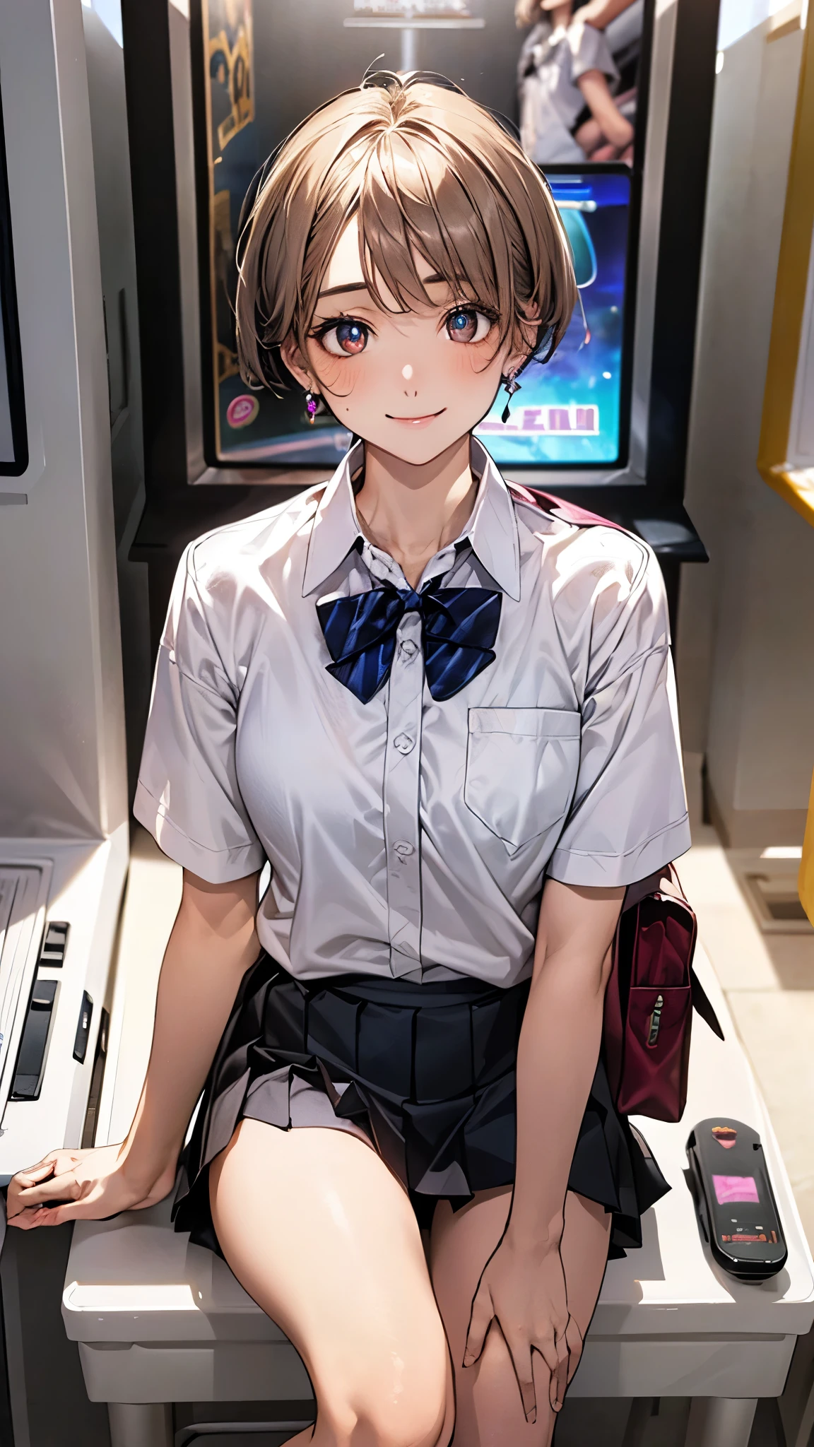 (masterpiece:1.2, highest quality), (realistic photo:1.4), beautiful illustrations, (natural side lighting, movie lighting),
beautiful hair, beautiful face, detailed and beautiful eyes, beautiful clavicle, beautiful body, beautiful breasts, beautiful thighs, beautiful feet, beautiful fingers,
looking at the viewer, 1 girl, high school girl, (perfect anatomy, anatomically correct, super detailed skin), cute symmetrical face, , perfect face, perfect eyes,
(short hair, pixie cut hairstyle, blonde hair), swept bangs, gold eyes, long eye lasher, (medium breasts, seductive thighs), perfect body, shiny skin, slender,
(short sleeve white collared shirt, black pleated mini skirt, break dark red bow tie), break navy school bag, break white socks, earrings, break
(beautiful scenery), evening, (sitting chair, game_center, scenery, arcade cabinet, chair, poster (object), indoors), (pigeon toed), (lovely smile, upper eye),