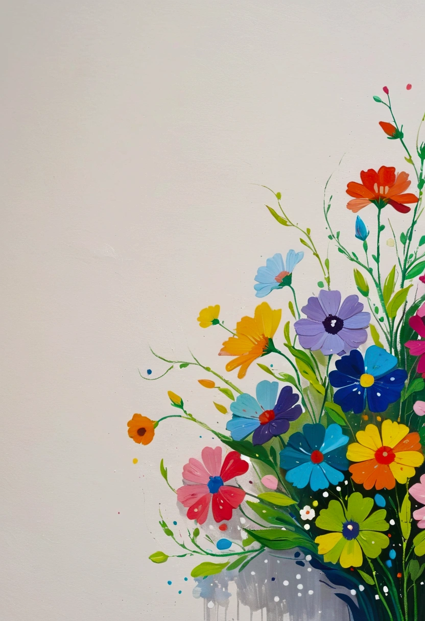 Fluid smudge painting，Dot，Colorful flowers，Minimalism，Inspired by the coronavirus。Corner Composition