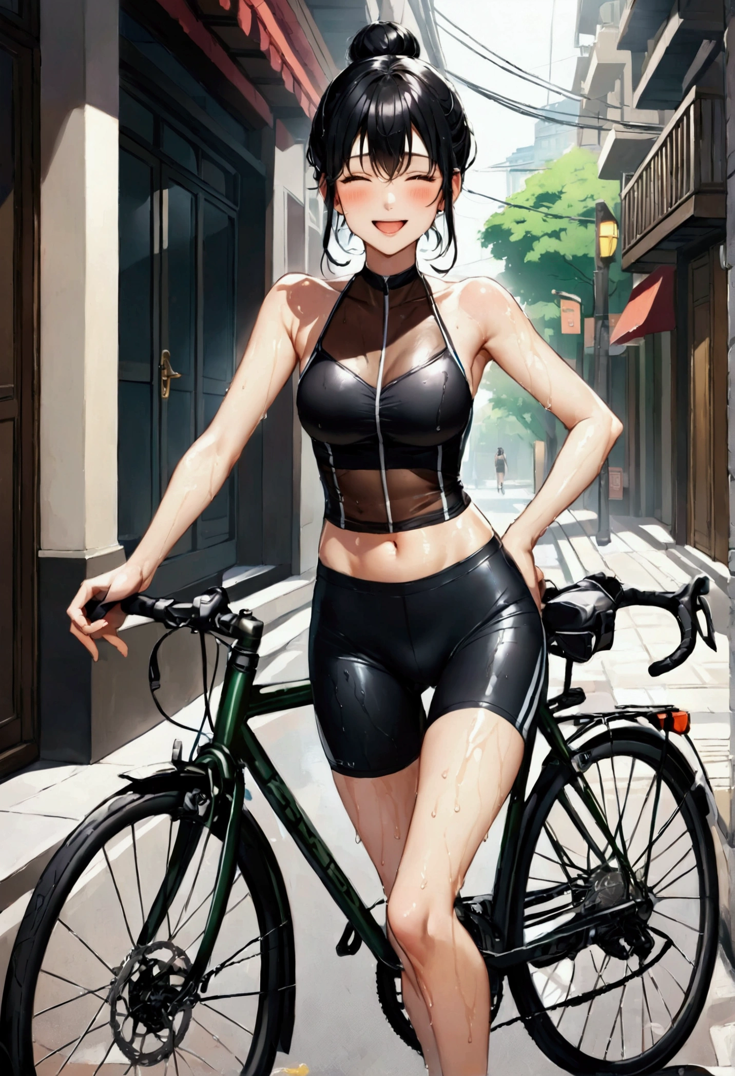 woman,20-year-old,City,bicycleに乗る,(((Cycling Shorts))),Close your eyes and laugh、(See through),bicycle,Black Hair,blush、smile,((Full body portrait))、(Wet with sweat)、Wet body,bicycleの黒いスパッツ, Bun Hair, halter top、Black Hair、black eye、navel