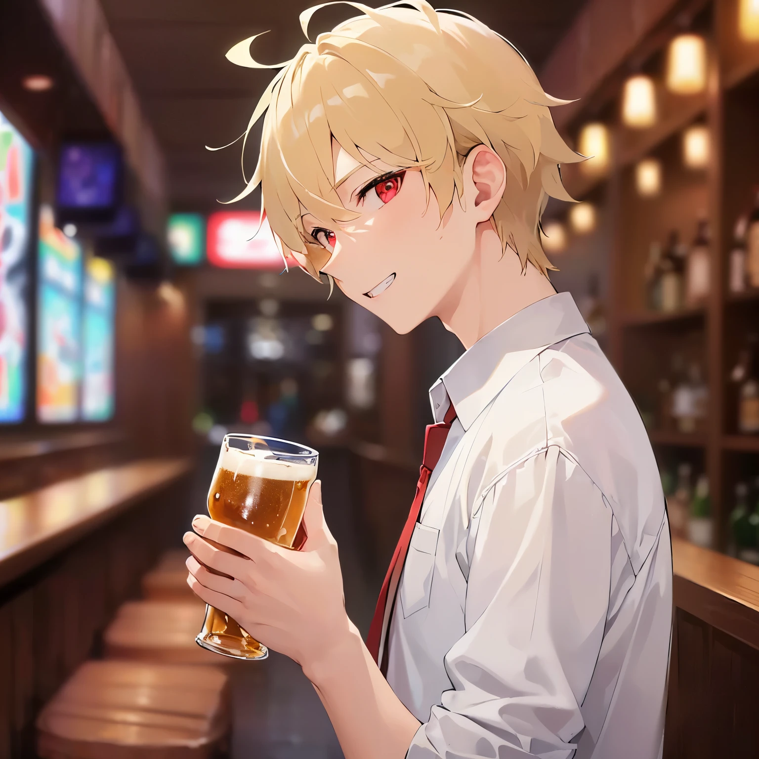 upper body、Drinking beer、
shiny skin、masterpiece、Highest quality、BREAK (25-year-old male:1.5) and (Blonde short hair) and (Green Eyes), 
(Wearing a suit:1.3) and (tie) BREAK、
(smile:1.5),open mouth、The background is the interior of a bar at night.、(alone:1.5)