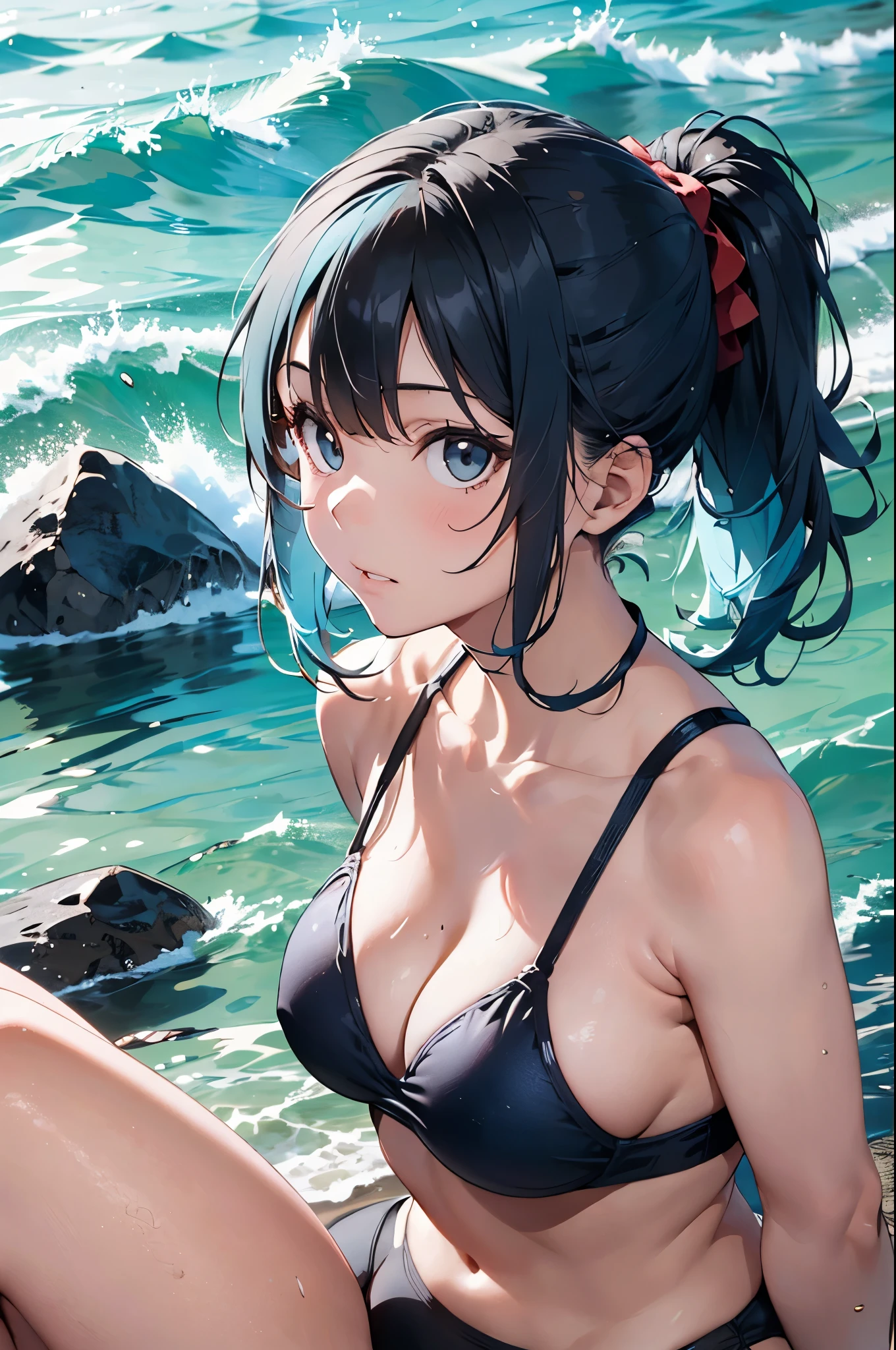 High resolution,topless、
One beautiful young woman,Light blue hair、ponytail、
(Soft Saturation:1.3), (Fair skin:1.2),
(ultra-Detailed Background, Detailed Background), Bokeh,
break&#39;Portrait of a smiling girl.,
When viewed from the front, The composition is symmetrical,
Looking straight at you with serious eyes,
break Swimwear, Red Bikini, Center of chest, 
Outdoor, Sea surface, null, sunlight,Summer beach, Sandy Beach,
Strong light, Front lighting, 
(Teen:1.3), (Cowboy Shot:1.2),
Front brake angle,
View your audience,
Dynamic pose,
sitting on the beach

Seaweed、Seaweed、Seaweed、Seaweed、Seaweed、Seaweed、Seaweed、