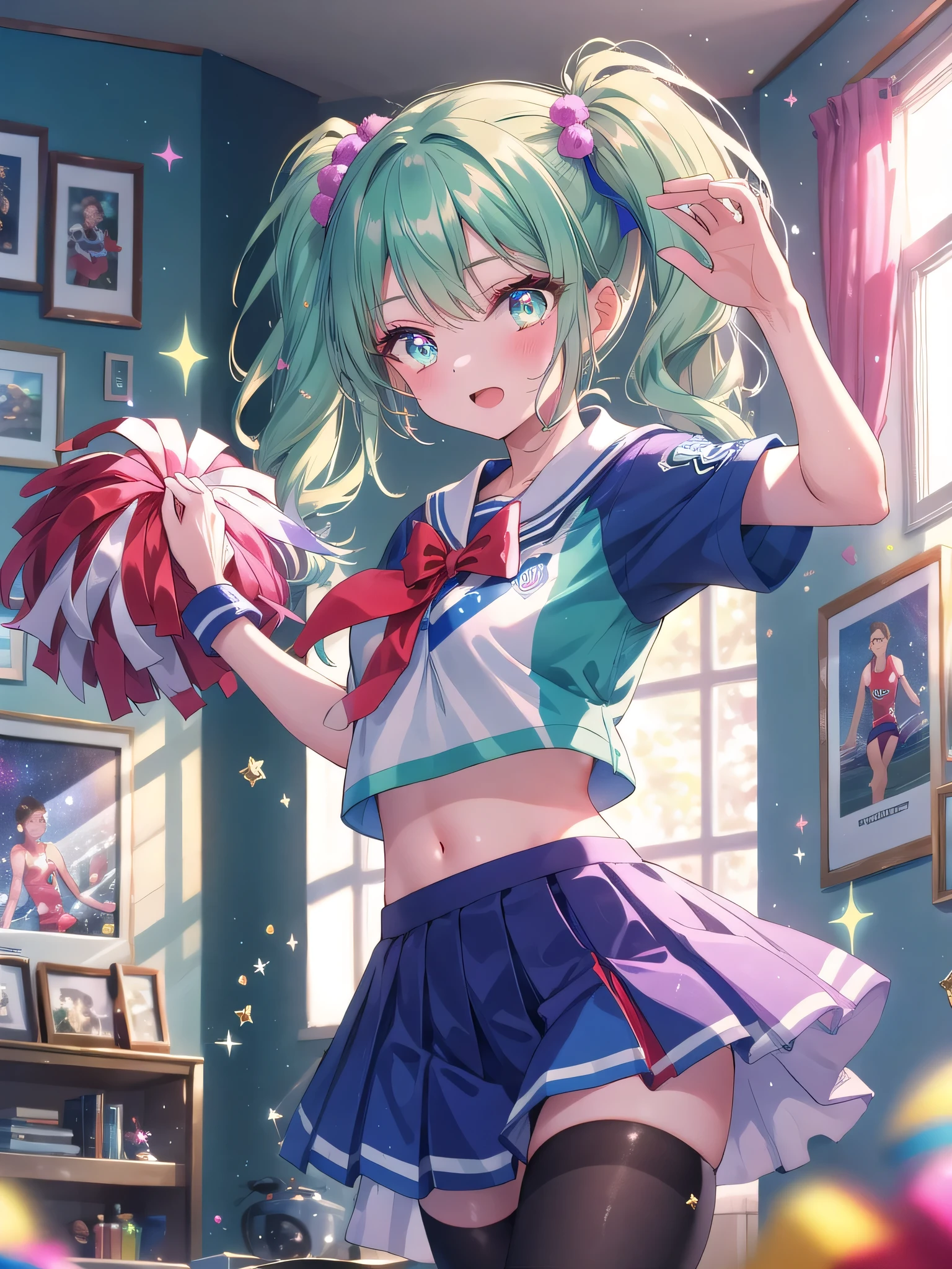 ((8k, Highest quality, masterpiece: 1.3)),Ultra-high resolution,(1 girl, alone), (Color changing eyes, Ultra-detailed, Expressive brilliance, Glitter, Glowing Eyes), Highly detailed eyes, Highly detailed face, Random Hair, ((pastel colour)),A cheerful young woman with pastel green hair styled into pigtails, standing in front of her full-length mirror in her room. The morning light fills the room, creating a fresh and lively atmosphere. She is dressed in a cheerleader cosplay, wearing a blue and white uniform with matching pom-poms. The camera captures her from a mid-angle as she practices her cheer routine, her expression full of energy and enthusiasm. Her room is decorated with sports posters, a small collection of trophies on a shelf, and a yoga mat rolled out in the corner, reflecting her active lifestyle.