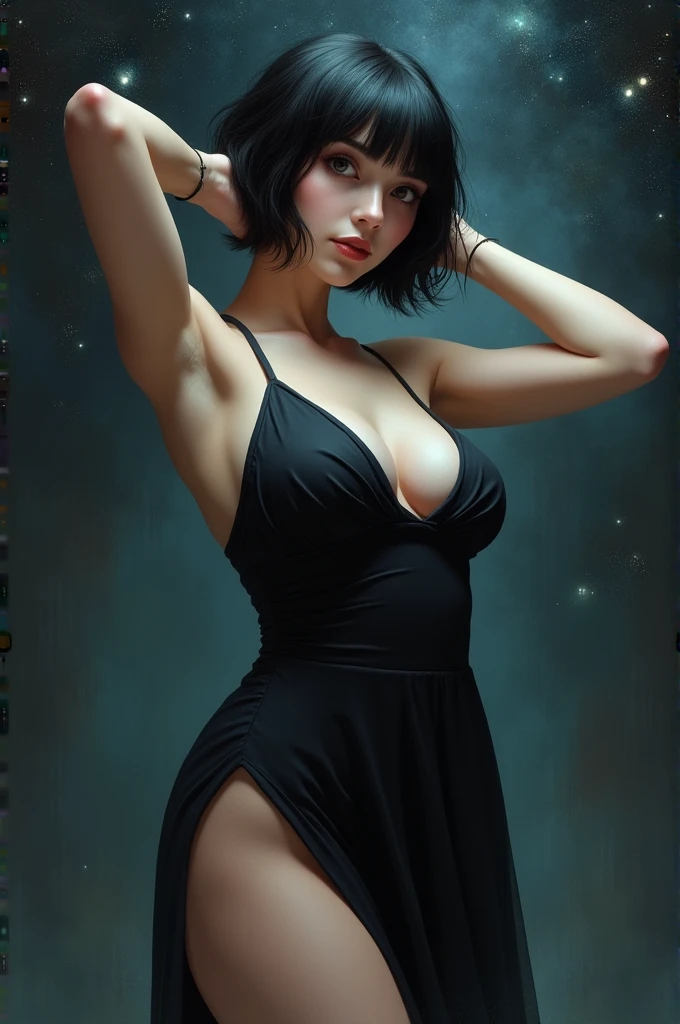 chica sexy, Hands on the back of the head, short black hair, big breasts, cosmic eyes, black dress with a deep neckline, round buttocks, pale skin