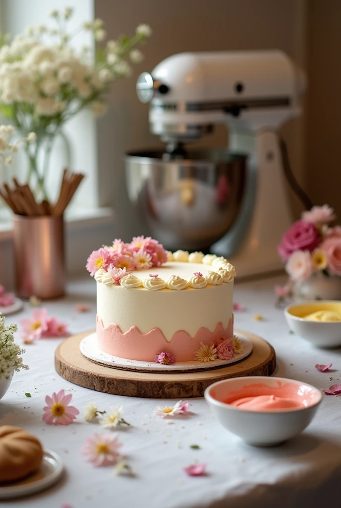 A soft and attractive image of a confectionery work table. May include some items like a mixer, bowls with colored icing, some edible flowers or a cake decoration in progress.
• Alternatively, a photo of a semi-decorated cake, with details in progress, showing the art of cake design.