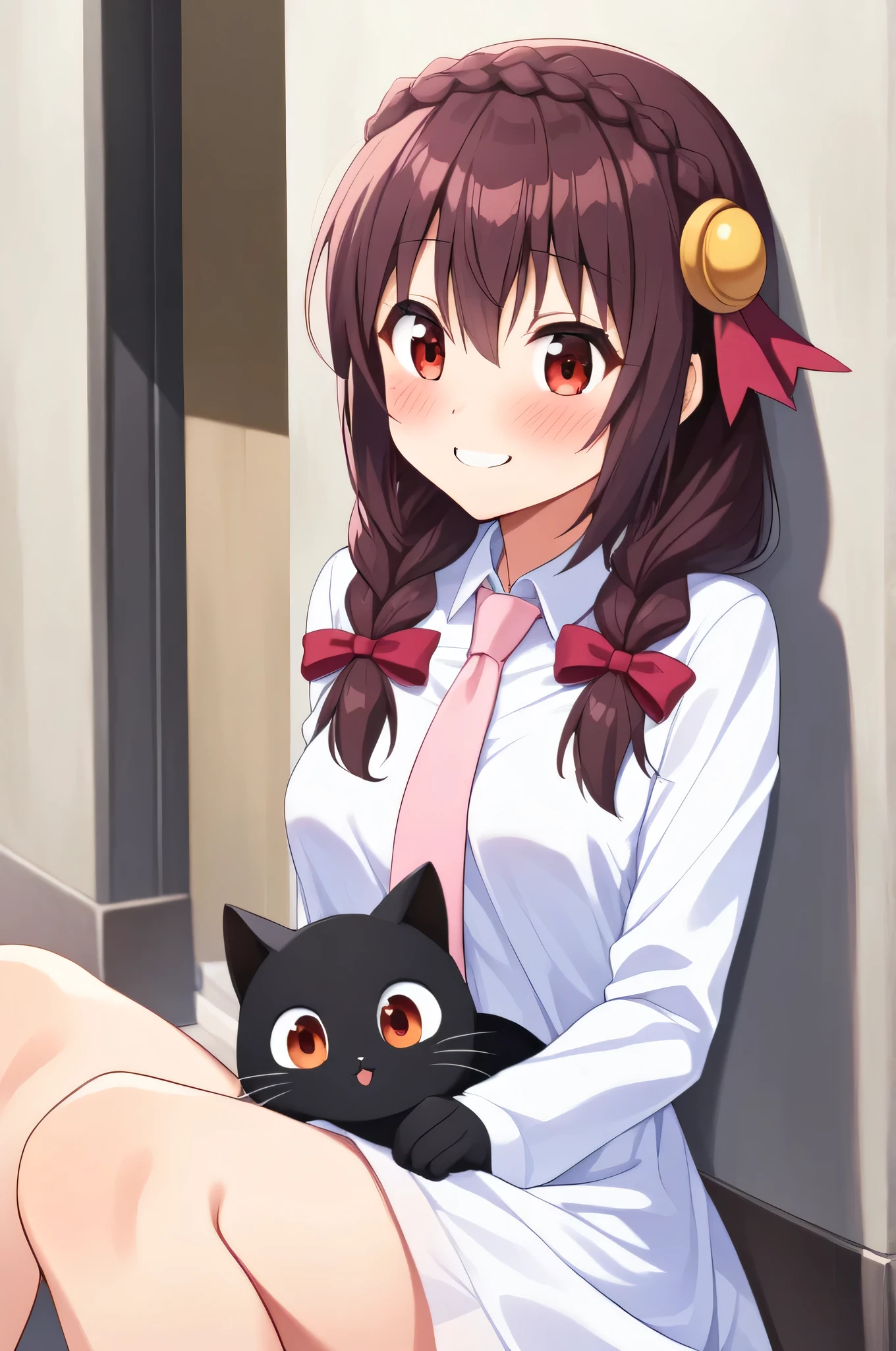 alone, A girl sitting in a sports position, Yunyun, (A slightly surprised smile:1.5)、 (blush:1.5)、Crown braids of the same color as your hair, Red Eyes、hair ornaments, Hair Ribbon, Pink tie, White dress, alley、(See a black cat and feed it)、heart