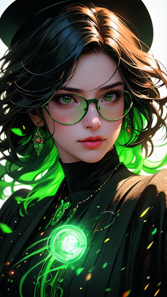 cinematic portrait of 1 girl, the wizard of oz, wearing a black cloak, top hat, shirt, round green glasses, belt, pants, rings, earrings, with curly burgundy hair, set in a green color spectrum with mystification effect, green magic fog, vibrating air, abnormal tension, (double exposure effect: background in the foreground white background on a dark background), hyperrealistic character, (Sumi 1.1 liquid ink drawing), dark rich colors, (high quality digital oil 1.1), luminescent neon outlines, complex and multi-layered design, white background, double exposure - step by step exposure by layers, VFX, cinematic lighting, vibrant colors, photorealistic, concept art style, (best quality,4k,8k,highres,masterpiece:1.2),ultra-detailed,(realistic,photorealistic,photo-realistic:1.37),HDR,UHD,studio lighting,ultra-fine painting,sharp focus,physically-based rendering,extreme detail description,professional,vivid colors,bokeh