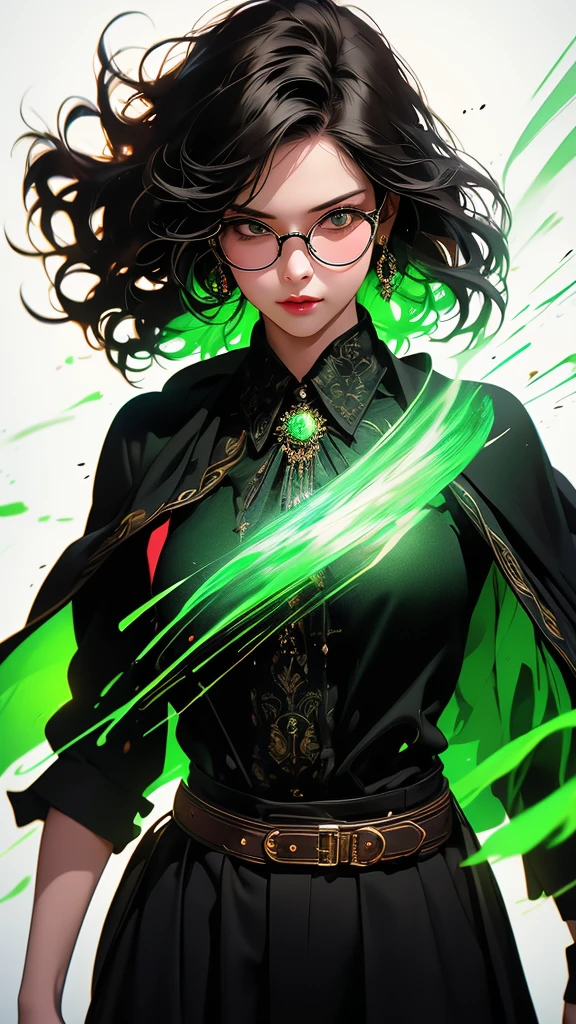 cinematic portrait of 1 girl, the wizard of oz, wearing a black cloak, top hat, shirt, round green glasses, belt, pants, rings, earrings, with curly burgundy hair, set in a green color spectrum with mystification effect, green magic fog, vibrating air, abnormal tension, (double exposure effect: background in the foreground white background on a dark background), hyperrealistic character, (Sumi 1.1 liquid ink drawing), dark rich colors, (high quality digital oil 1.1), luminescent neon outlines, complex and multi-layered design, white background, double exposure - step by step exposure by layers, VFX, cinematic lighting, vibrant colors, photorealistic, concept art style, (best quality,4k,8k,highres,masterpiece:1.2),ultra-detailed,(realistic,photorealistic,photo-realistic:1.37),HDR,UHD,studio lighting,ultra-fine painting,sharp focus,physically-based rendering,extreme detail description,professional,vivid colors,bokeh