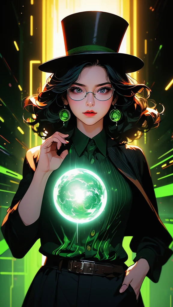 cinematic portrait of 1 girl, the wizard of oz, wearing a black cloak, top hat, shirt, round green glasses, belt, pants, rings, earrings, with curly burgundy hair, set in a green color spectrum with mystification effect, green magic fog, vibrating air, abnormal tension, (double exposure effect: background in the foreground white background on a dark background), hyperrealistic character, (Sumi 1.1 liquid ink drawing), dark rich colors, (high quality digital oil 1.1), luminescent neon outlines, complex and multi-layered design, white background, double exposure - step by step exposure by layers, VFX, cinematic lighting, vibrant colors, photorealistic, concept art style, (best quality,4k,8k,highres,masterpiece:1.2),ultra-detailed,(realistic,photorealistic,photo-realistic:1.37),HDR,UHD,studio lighting,ultra-fine painting,sharp focus,physically-based rendering,extreme detail description,professional,vivid colors,bokeh