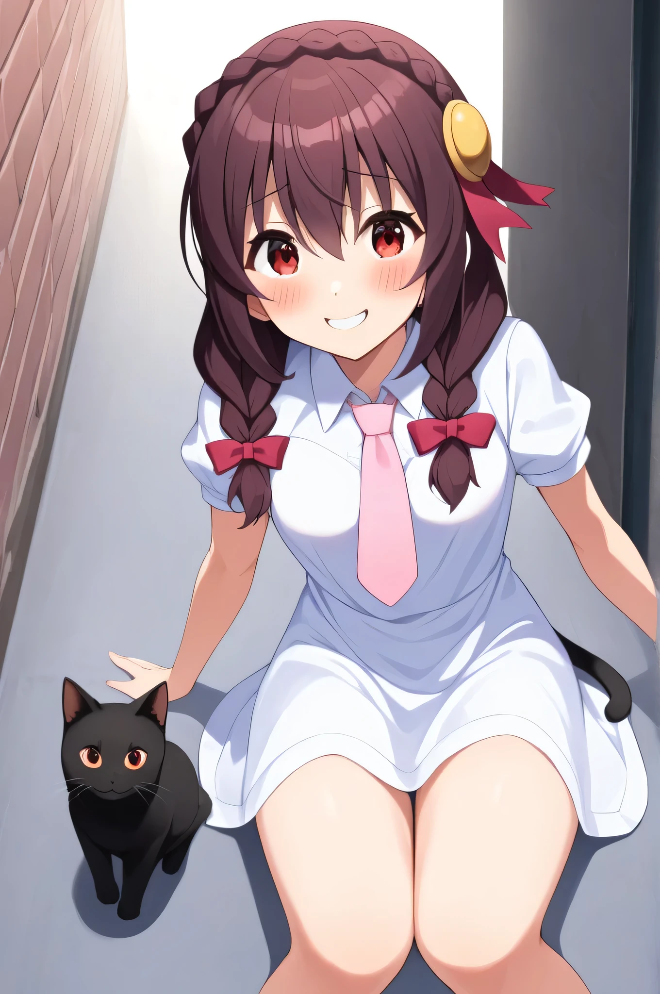 alone, A girl sitting in a sports position, Yunyun, (A slightly surprised smile:1.5)、 (blush:1.5)、Crown braids of the same color as your hair, Red Eyes、hair ornaments, Hair Ribbon, Pink tie, White dress,  alley、(See a black cat and feed it)、heart