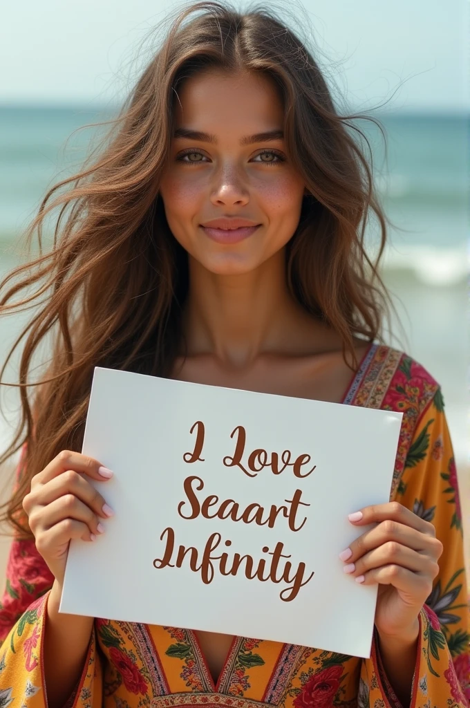 Beautiful girl with wavy long hair, bohemian dress, holding a white board with text "I Love Seaart Infinity" and showing it to the viewer