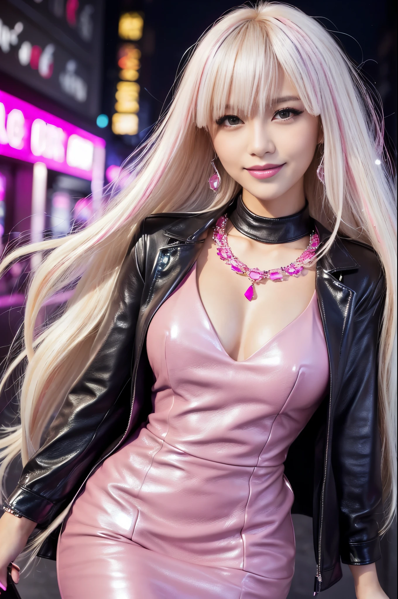 beautiful woman, beautiful smile, lipgloss, dramatic makeup, closeup photo, (sparkling large necklace), (sparkling large bracelets), night scene, sparkling neon street background, gyaru, (((medium platinum blonde hair with dark pink highlights))), ((business style dark grey with dark pink leather dress)), sweet and sexy, seductive look