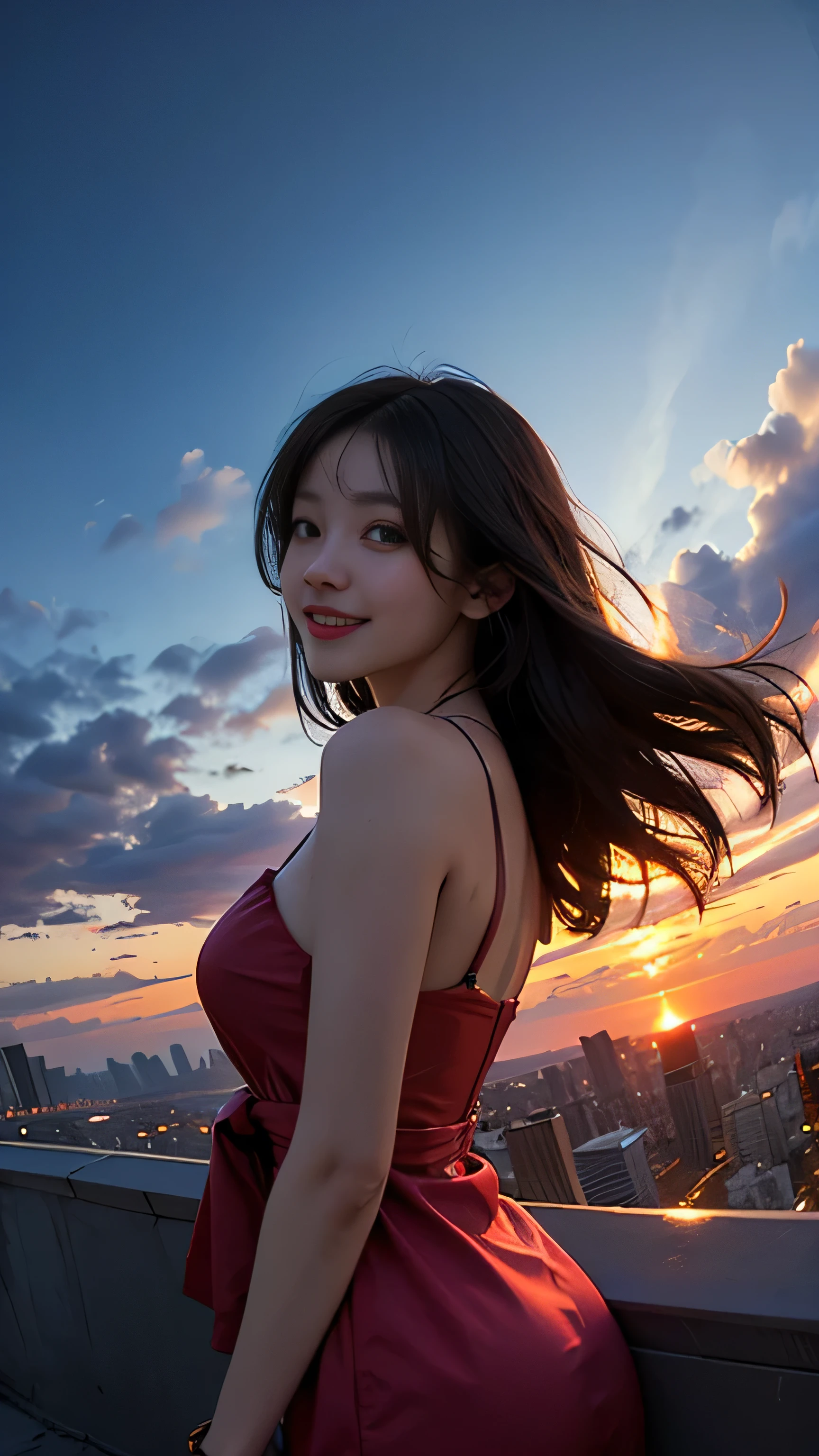 One girl, Korean, Fisheye Lens, Selfie, Wind, Messy Hair, sunset, Cityscape, (Aesthetics and atmosphere:1.2),smile