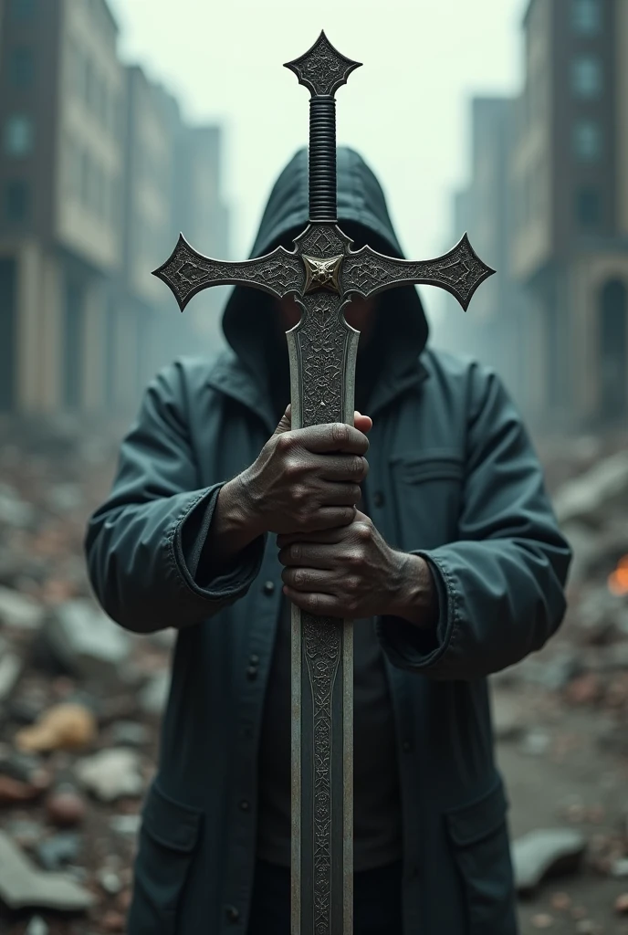 sebuah pedang berbentuk silang dengan tangan memegangnya pada cross pose, cross pose, destroyed city background, crossed swords like the letter x logo