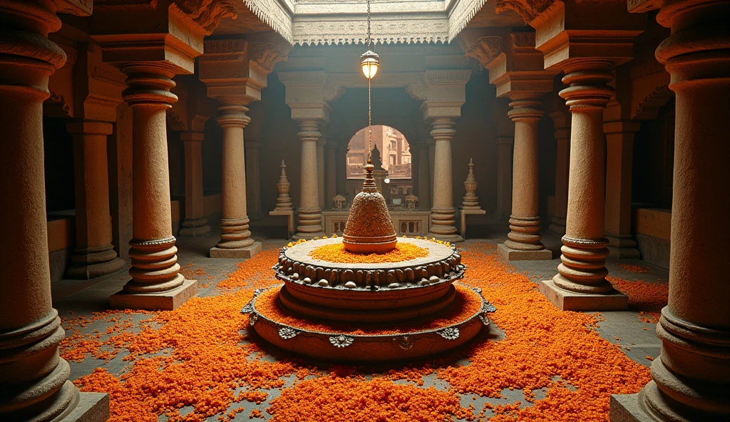 Inside the sanctum sanctorum of Somnath Temple, where the Shivling is adorned with flowers and offerings by devotees.