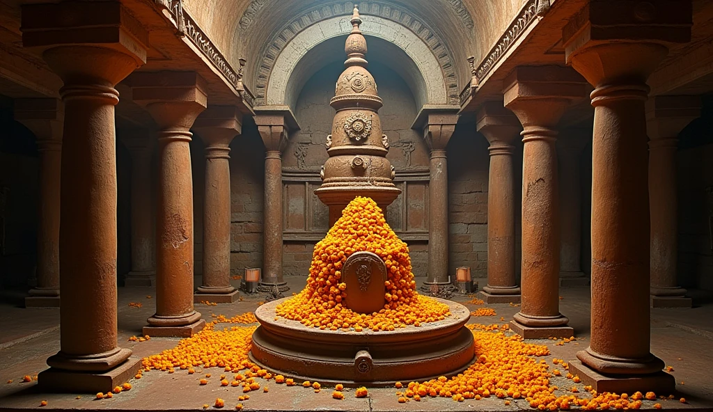 Inside the sanctum sanctorum of Somnath Temple, where the Shivling is adorned with flowers and offerings by devotees.