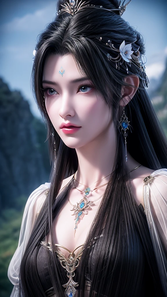 A medium-sized chest、Close-up of a woman with very long hair, 4K detail fantasy, Movie goddess close up shot, Extremely detailed photos of the goddess, Super detailed fantasy characters, Portrait of the Knights of the Zodiac, Beautiful fantasy queen, 2. 5D CGI anime fantasy artwork, wow 4K detail fantasy, Beautiful and elegant queen, Portrait of the Queen