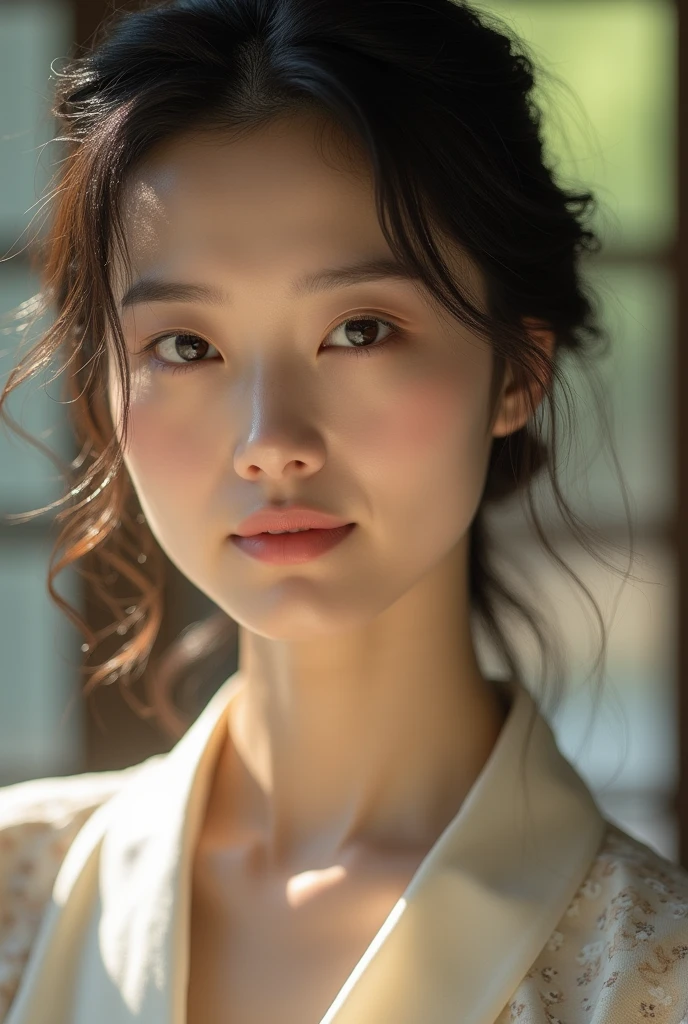 An elegantly dressed Japanese woman in natural light、A close-up of her chest and calm expression.、It shows her inner peace and outer charm.。