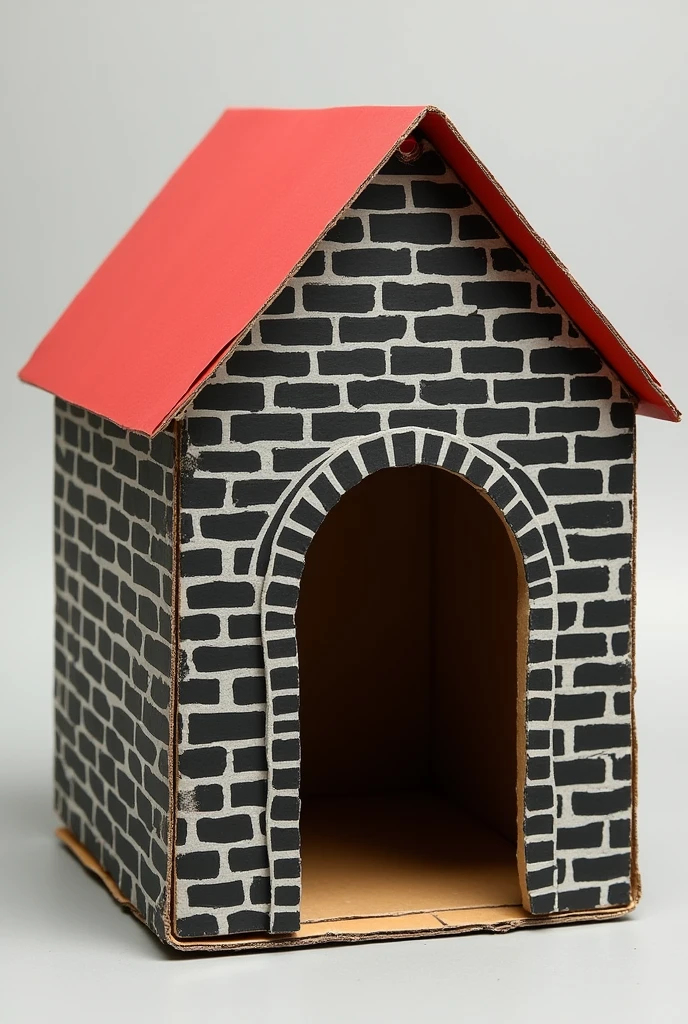 Shelter made of recyclable materials for animals, the shelter is made of cardboard but is painted with black and gray bricks., and the red roof with some details