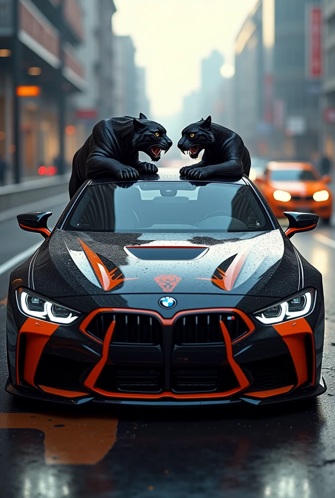 Realistic bmw car , black tiger , black cobra on hood