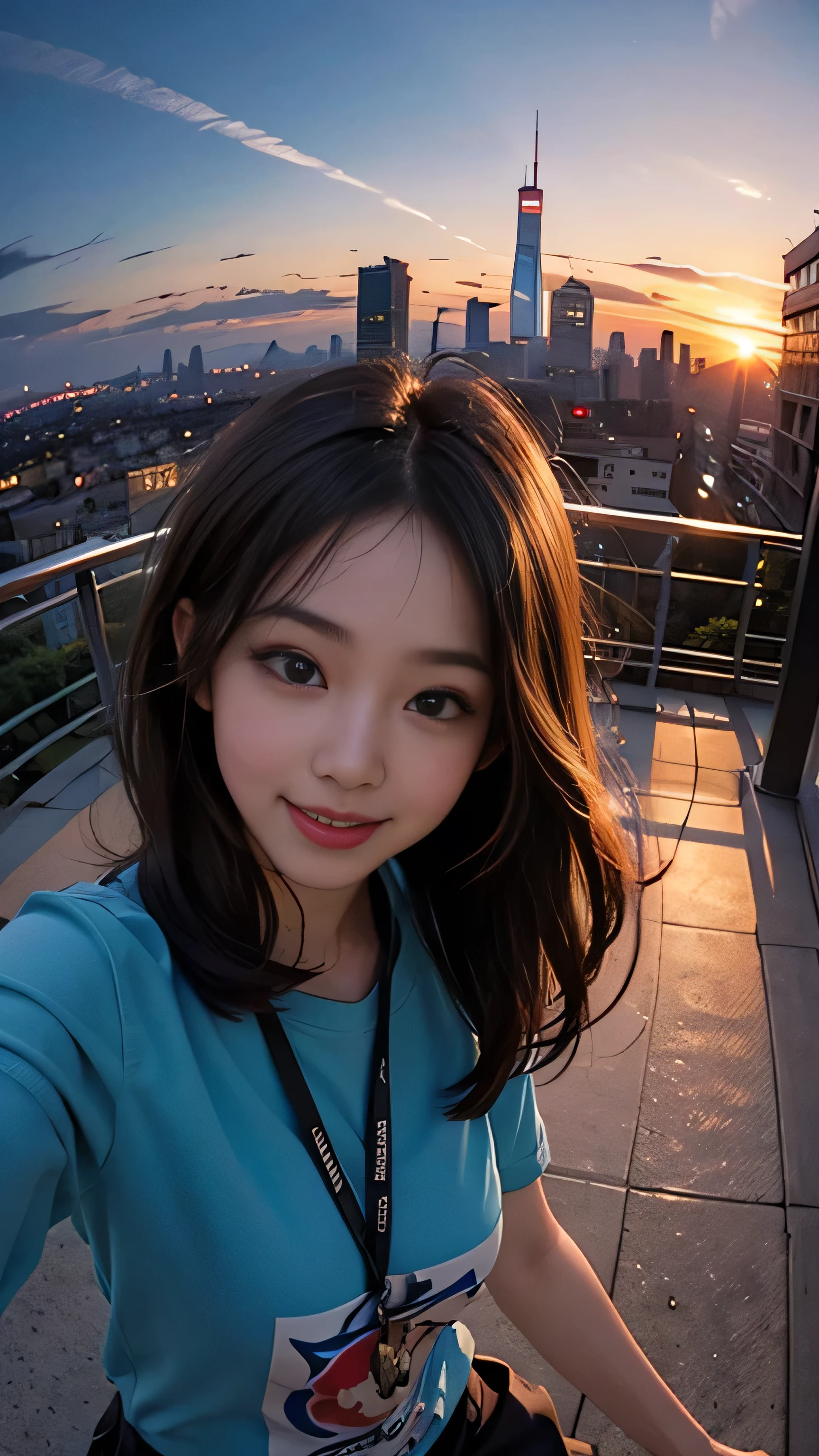 One girl, Korean, Fisheye Lens, Selfie, Wind, Messy Hair, sunset, Cityscape, (Aesthetics and atmosphere:1.2),smile