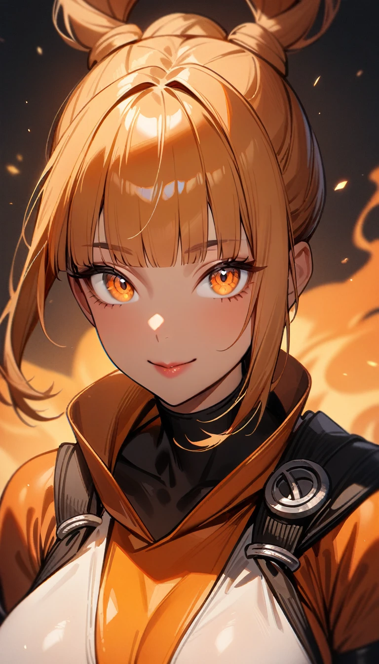 1girl,solo,super detailed skin,shiny skin,tanned skin,expressionless face,smile,orange hair,blunt bangs,hair rings,detailed eyes,eyelashes,lips gloss,large breasts,asymmetry body suit,Shinobi clothes,asymmetry clothes,orange magic ,simple background,masterpiece,best quality,ultra detailed,high resolution,sharp focus