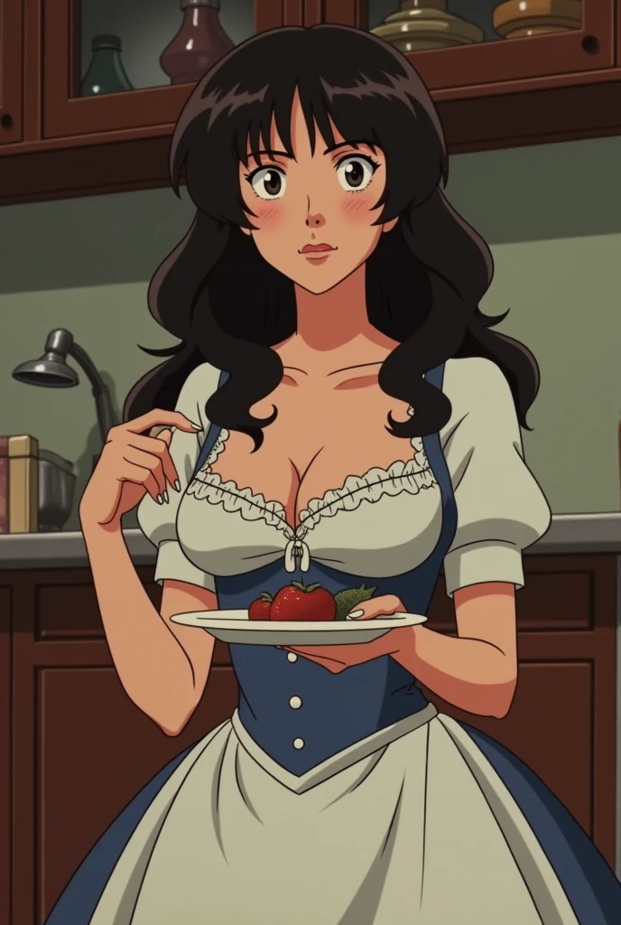 1980s anime screenshot. Victorian era, milf, long hair, eatery, cleavage, looking at viewer