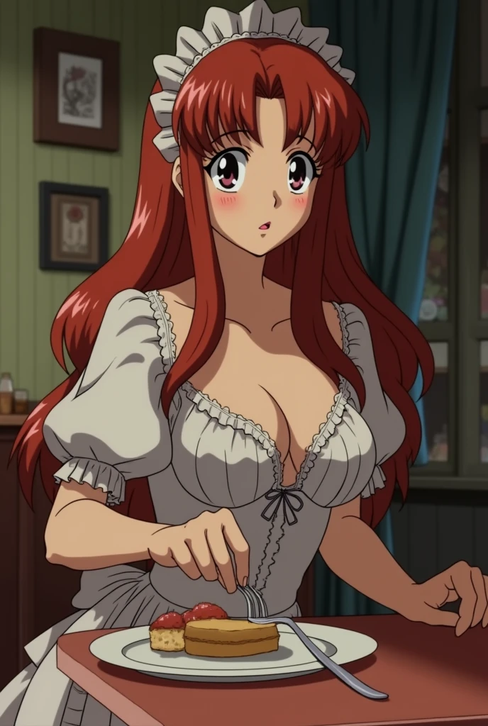 1980s anime screenshot. Victorian era, milf, long hair, eatery, cleavage, looking at viewer