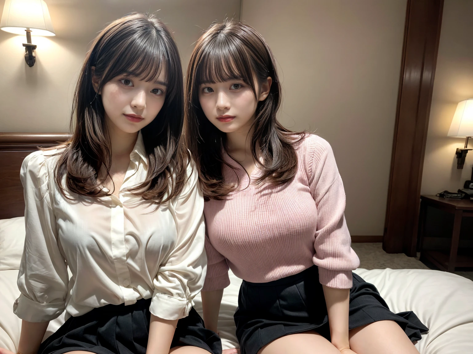 masterpiece, best quality, illustration, Super detailed, fine details, High resolution, 8K,wall paper, perfect dynamic composition,(Details High quality, realistic depiction of eyes:1.3), (2 girls), pink frilled shirt blouse, Black Frilled skirt, sitting, open legs, short bob hair, in a hotel room in the background, deep on field, large breasts, black hair color, Big Natural Color Lip, (perfect body shape), crying a little、Harajuku style、20 year old girl、cute type、beautiful legs, Gravure Idol