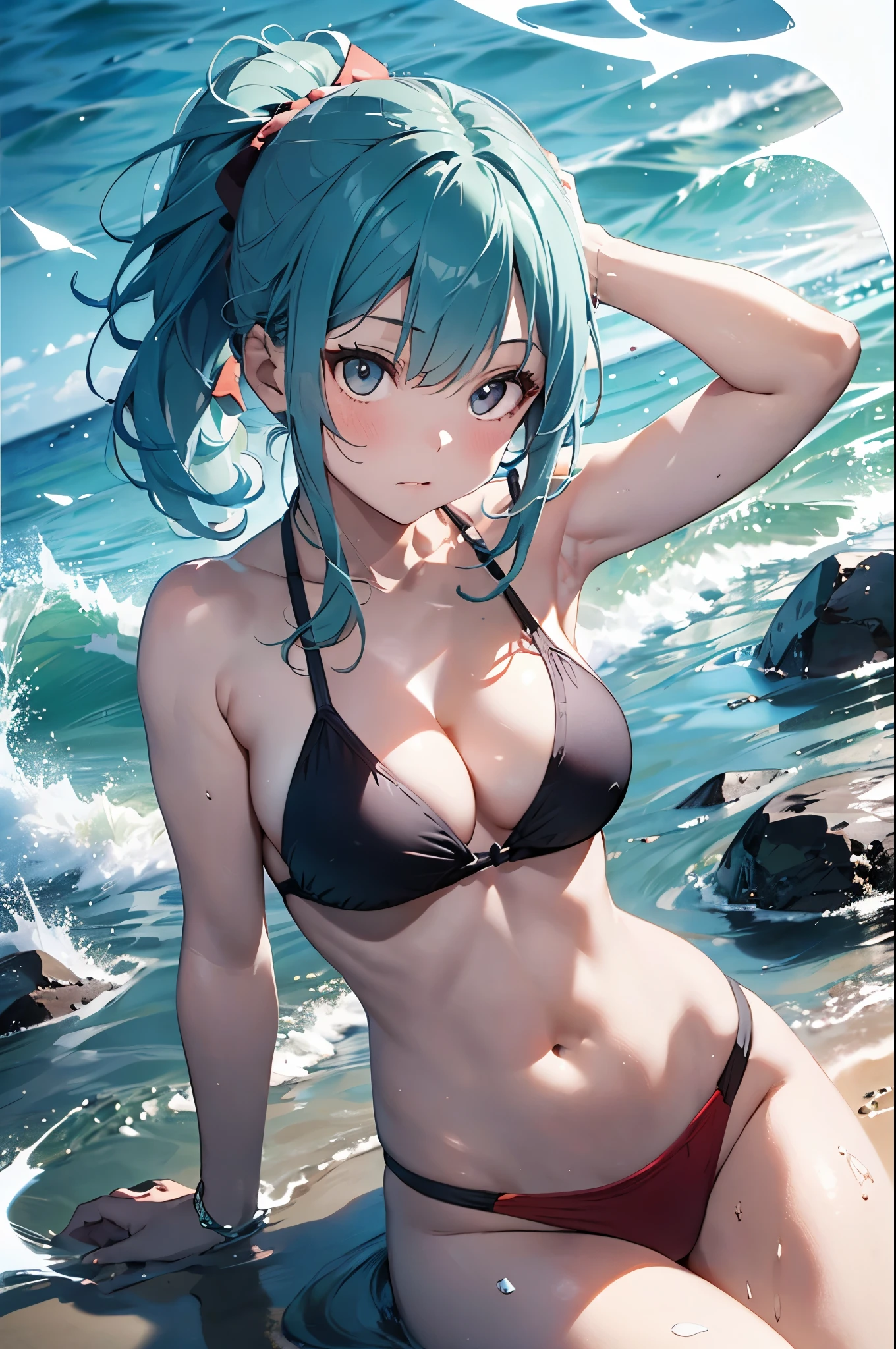 High resolution,topless、
One beautiful young woman,Light blue hair、ponytail、
(Soft Saturation:1.3), (Fair skin:1.2),
(ultra-Detailed Background, Detailed Background), Bokeh,
break&#39;Portrait of a smiling girl.,
When viewed from the front, The composition is symmetrical,
Looking straight at you with serious eyes,
break Swimwear, Red Bikini, Center of chest, 
Outdoor, Sea surface, null, sunlight,Summer beach, Sandy Beach,
Strong light, Front lighting, 
(Teen:1.3), (Cowboy Shot:1.2),
Front brake angle,
View your audience,
Dynamic pose,
sitting on the beach

Seaweed、Seaweed、Seaweed、Seaweed、Seaweed、Seaweed、Seaweed、