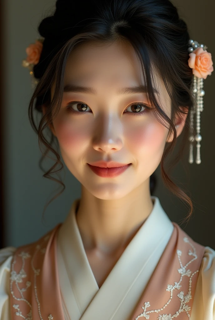 An elegantly dressed Japanese woman in natural light、A close-up of her chest and calm expression.、It shows her inner peace and outer charm.。