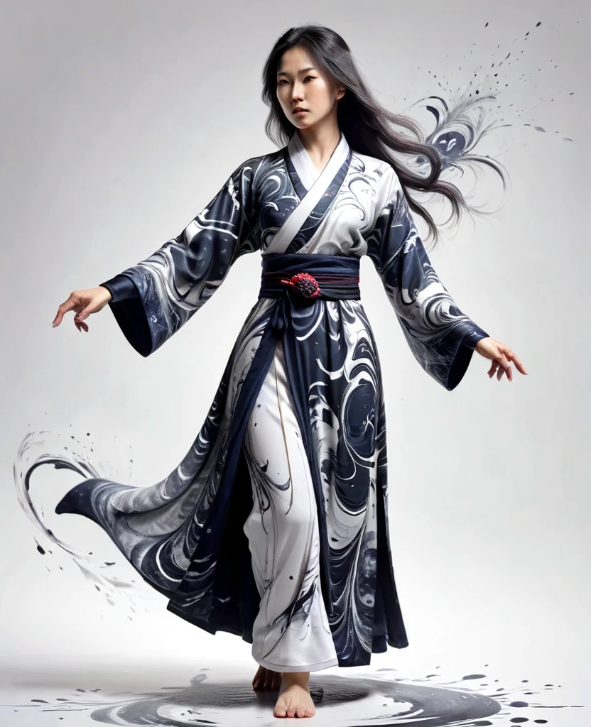 zydink, monochrome, ink sketch, asian (middle age woman), fighting stance, looking at viewer, long hair, floating hair, hanfu, chinese clothes, long sleeves, (abstract ink splash:1.2), white background