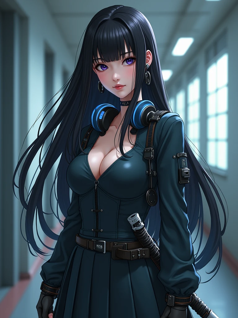 1woman,matured,perfect body,tall ,drawing a katana stance,stoic ,calm,cyber punk,school dress,skirt,high tech head phones,anime school scene,blunt bang hair,super long black hair,high tech cyber punk outfit,close up shot,animaginexl v3,