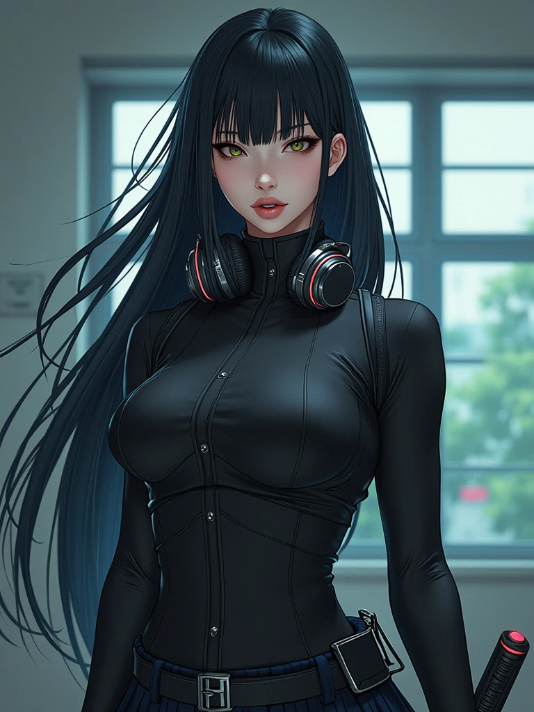 1woman,matured,perfect body,tall ,drawing a katana stance,stoic ,calm,cyber punk,school dress,skirt,high tech head phones,anime school scene,blunt bang hair,super long black hair,high tech cyber punk outfit,close up shot,animaginexl v3,