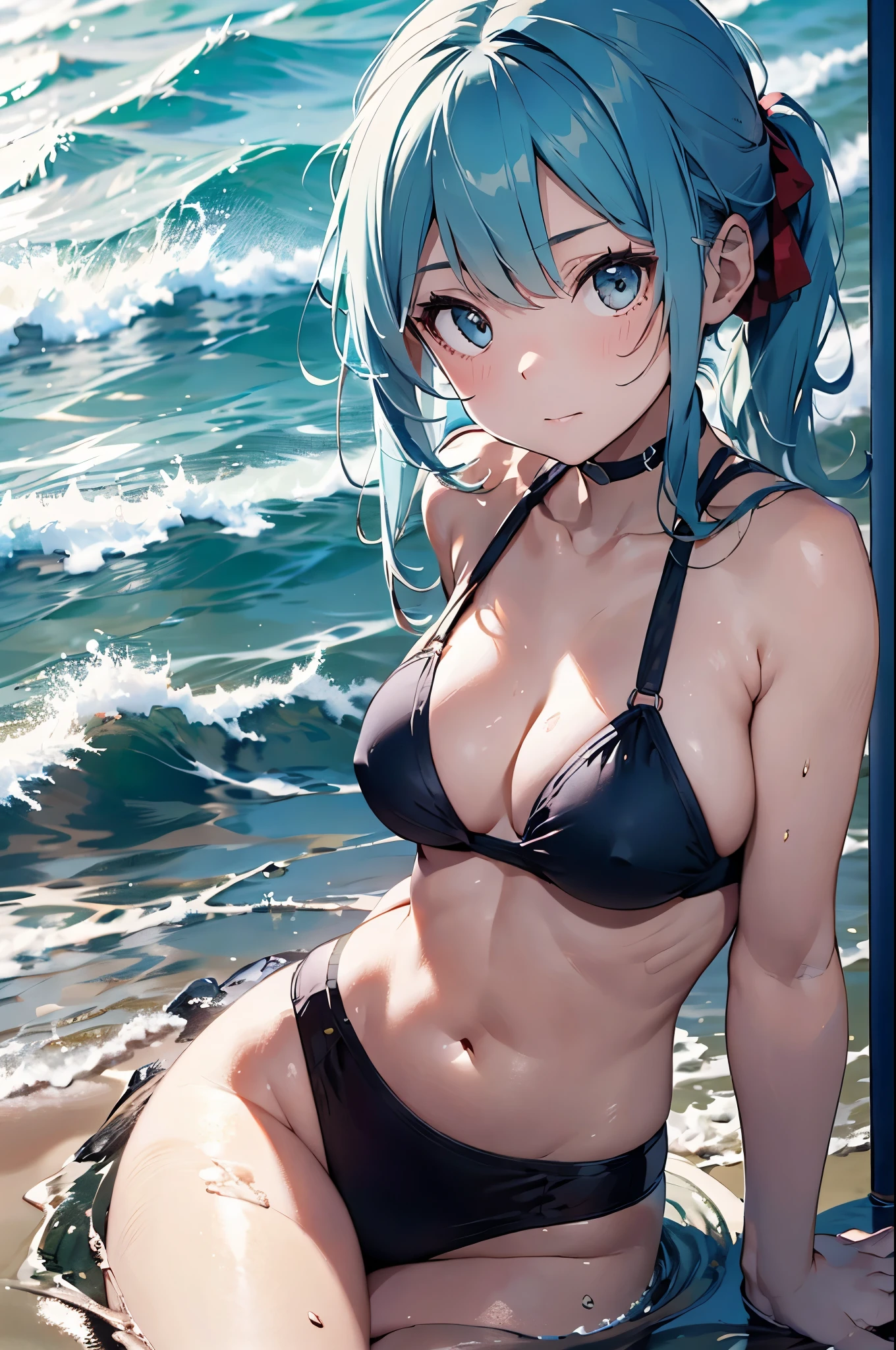 High resolution,topless、
One beautiful young woman,Light blue hair、ponytail、
(Soft Saturation:1.3), (Fair skin:1.2),
(ultra-Detailed Background, Detailed Background), Bokeh,
break&#39;Portrait of a smiling girl.,
When viewed from the front, The composition is symmetrical,
Looking straight at you with serious eyes,
break Swimwear, Red Bikini, Center of chest, 
Outdoor, Sea surface, null, sunlight,Summer beach, Sandy Beach,
Strong light, Front lighting, 
(Teen:1.3), (Cowboy Shot:1.2),
Front brake angle,
View your audience,
Dynamic pose,
sitting on the beach

Seaweed、Seaweed、Seaweed、Seaweed、Seaweed、Seaweed、Seaweed、