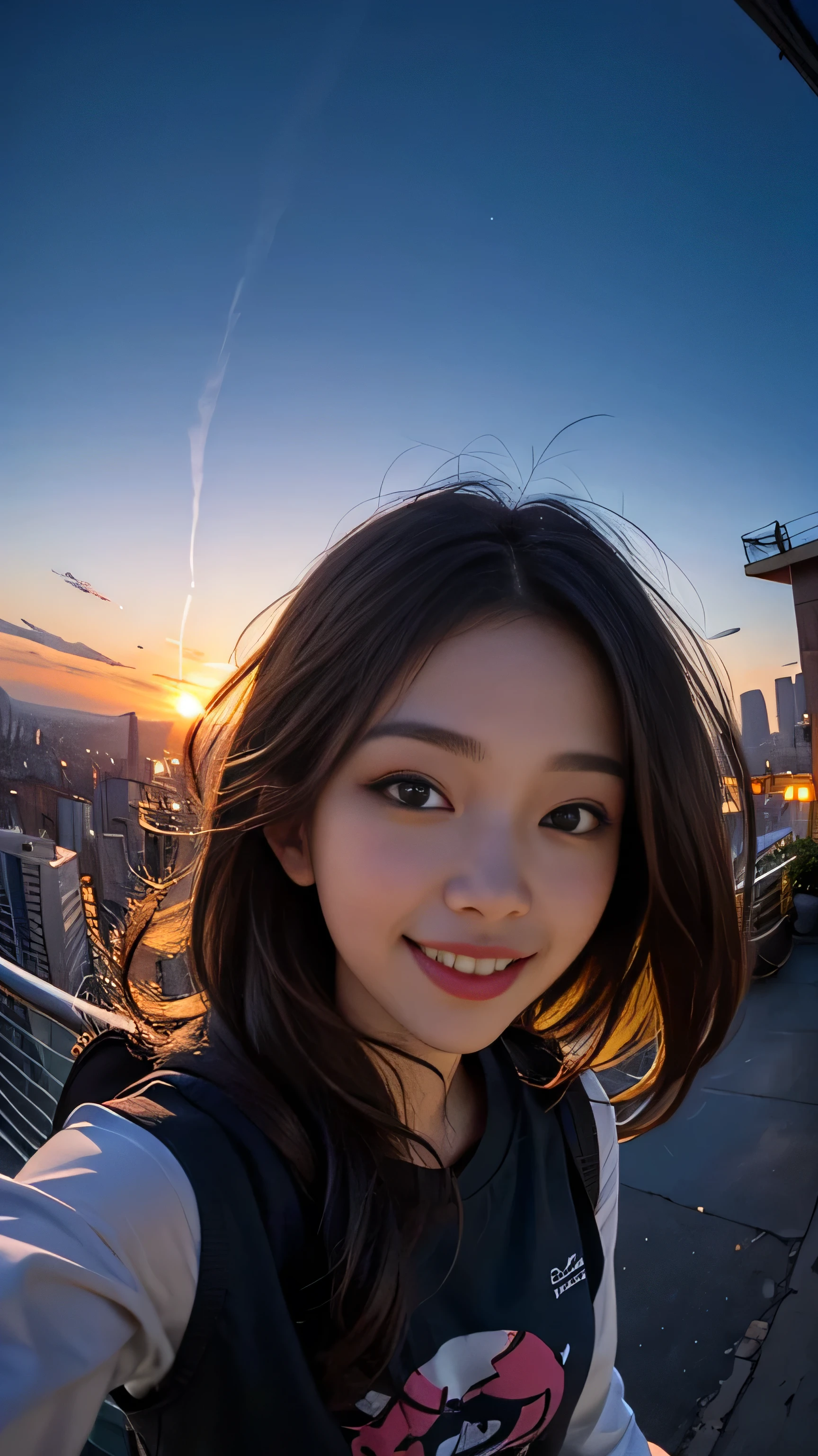 One girl, Korean, Fisheye Lens, Selfie, Wind, Messy Hair, sunset, Cityscape, (Aesthetics and atmosphere:1.2),smile