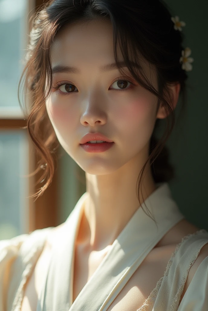 An elegantly dressed Japanese woman in natural light、A close-up of her chest and calm expression.、It shows her inner peace and outer charm.。