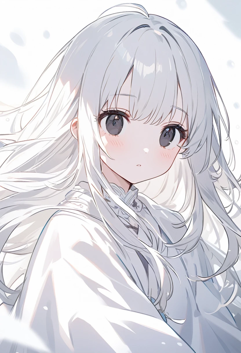 black eyes、White skin、A snow-white、lifeless、The eyes have no highlights.、Snow without highlights、animation style、One、Oneの少女、off-white色、off-white、girl、bright white hair、Hair color is off-white、thin hair white、long hair、All of the eyes are off-white、A snow-white girl、off-white色のgirl、white background、white background、white room、The eyes have highlights、Emotionless、cute、lovely expression、beautiful