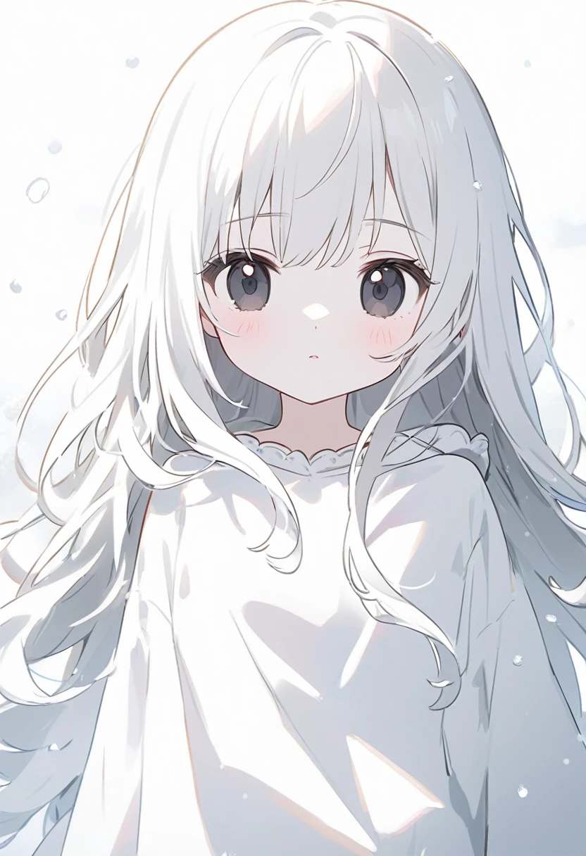 black eyes、White skin、A snow-white、lifeless、The eyes have no highlights.、Snow without highlights、animation style、One、Oneの少女、off-white色、off-white、girl、bright white hair、Hair color is off-white、thin hair white、long hair、All of the eyes are off-white、A snow-white girl、off-white色のgirl、white background、white background、white room、The eyes have highlights、Emotionless、cute、lovely expression、beautiful